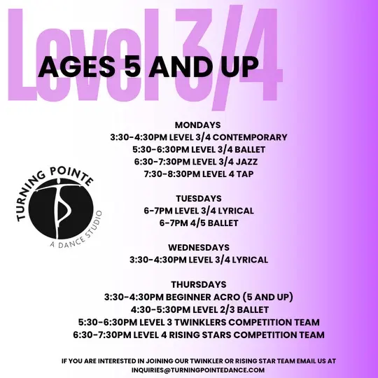 Level 3/4 - Ages 5 and up class schedule & details