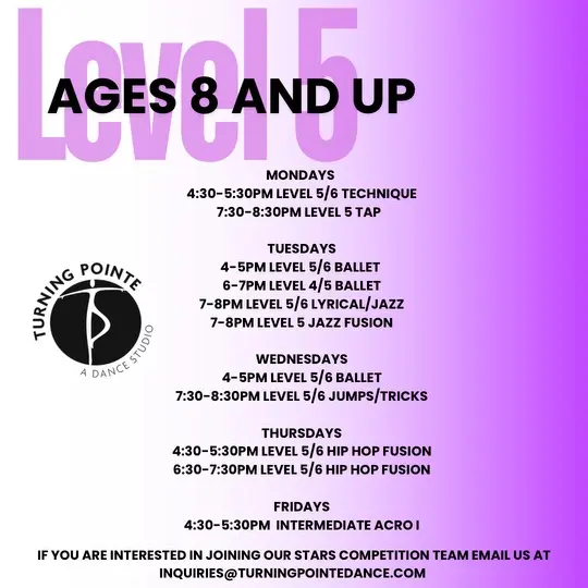 Level 5 - Ages 8 and up class schedule & details