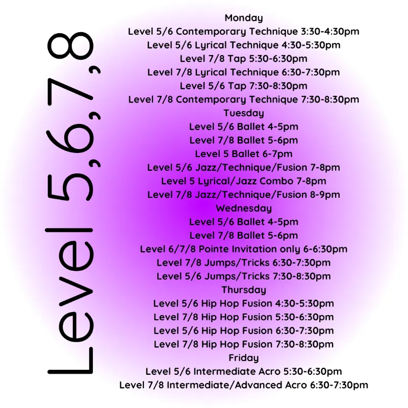 Level 5, 6,7,8 - Ages 8 and up class schedule & details